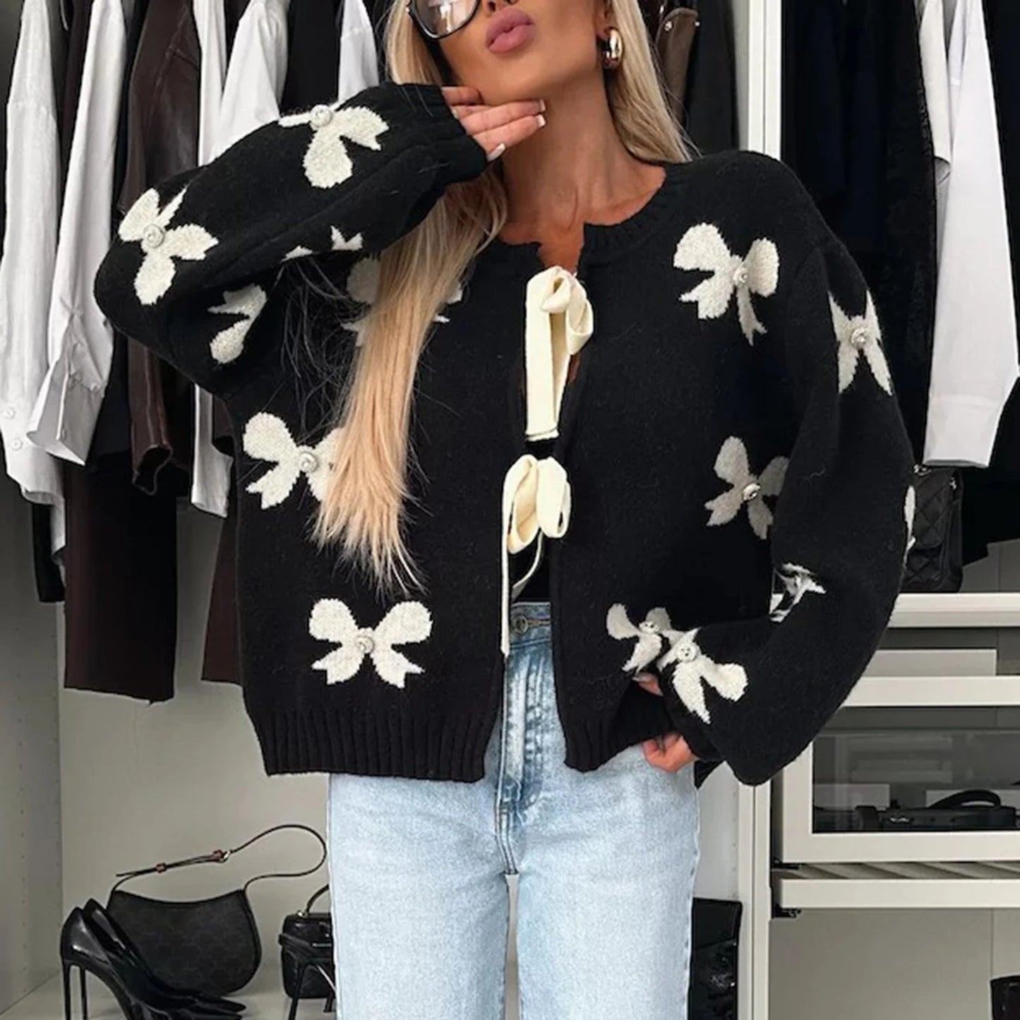 Combhasaki Women's Autumn Y2K Elegant Sweater Cardigan Lantern Long Sleeve Bow Print Pearl Decor Tied Split Front Knitwear Tops