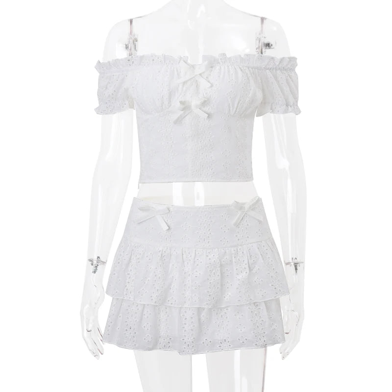 WhereMery Leisure Aesthetics Y2K Slim Two Piece Puff Sleeve Crop Top Ruffled Mini Skirt High Street Party Set Summer Basics 2024