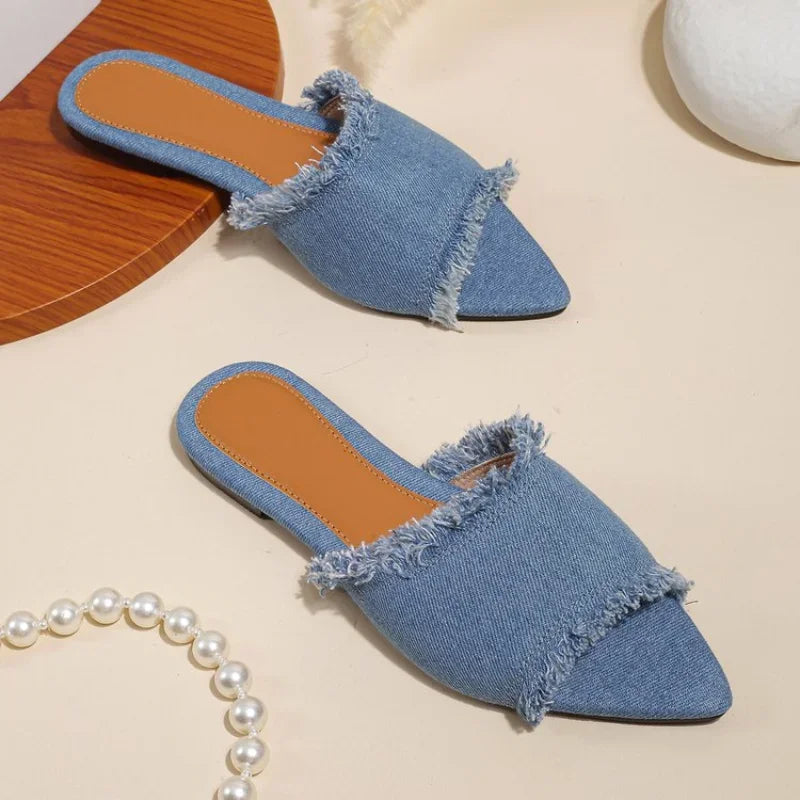Women Flats Cowboy Slippers Fashion Beach Dress Shoes Summer Femme Pointed Toe Flip Flops New Casual Slides Zapatos Mujer