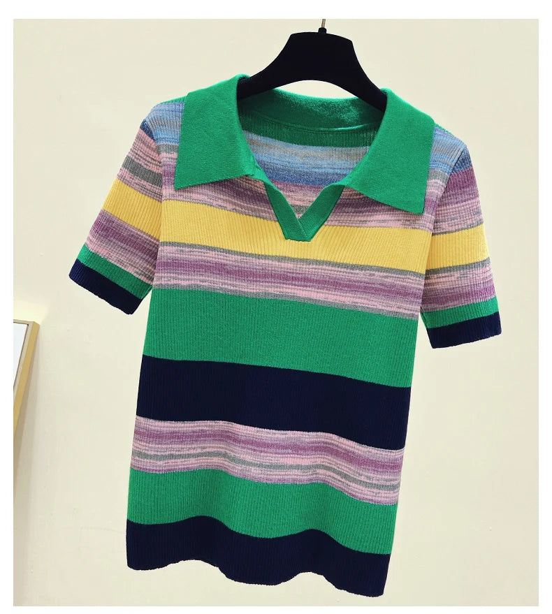 Summer Korean Knitted Tshirt Sweater For Women Rainbow Striped Stylish Fashion Loose Tops Shirt Short Sleeve Knitwear 2023