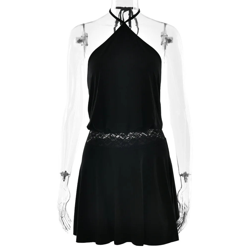 Absobe Halter Sleeveless Patchwork Lace Mini Dress For Women Backless Slim A-Line Short Dress Y2K Sexy Vacation Beach Streetwear