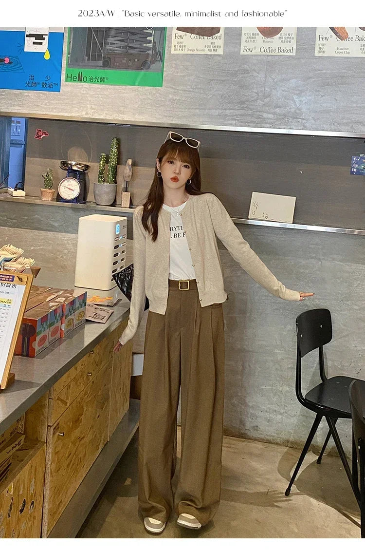 Solid Color Knitted for Women Cardigan Korean Single Breasted Long Sleeve Jumper Woman Round Neck All Match Cardigans Outwear