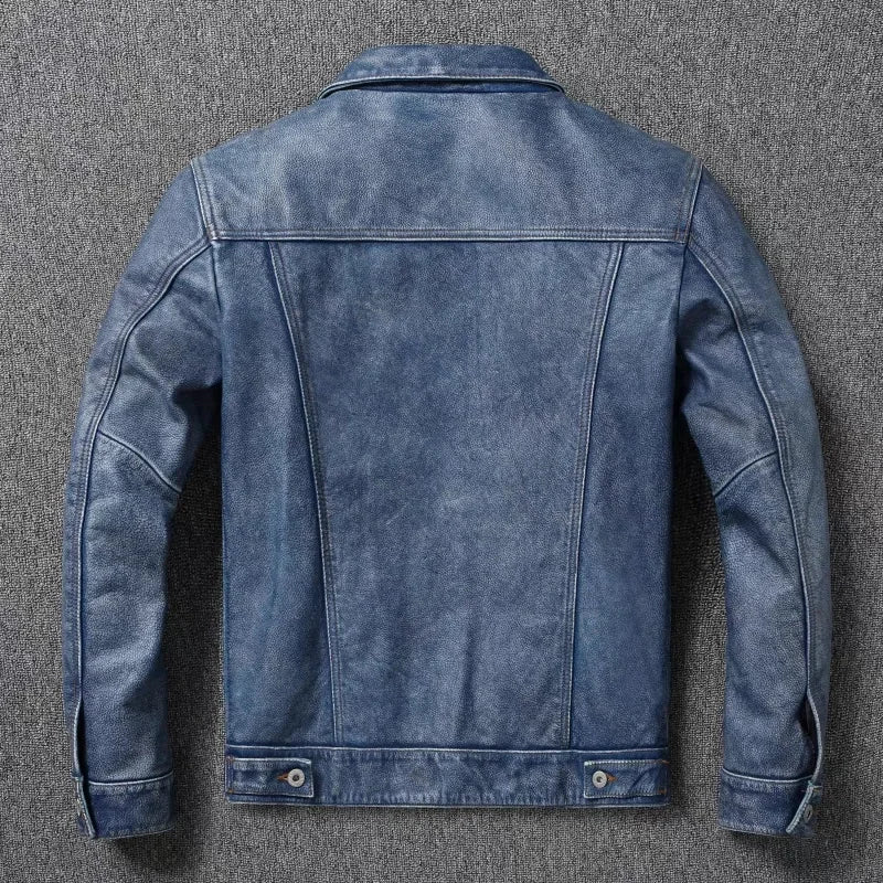 New Navy Blue Top Layer Cowhide Genuine Leather Jacket Men's Short Slim Fit Retro Motorcycle Lapel Casual Jacket Trendy