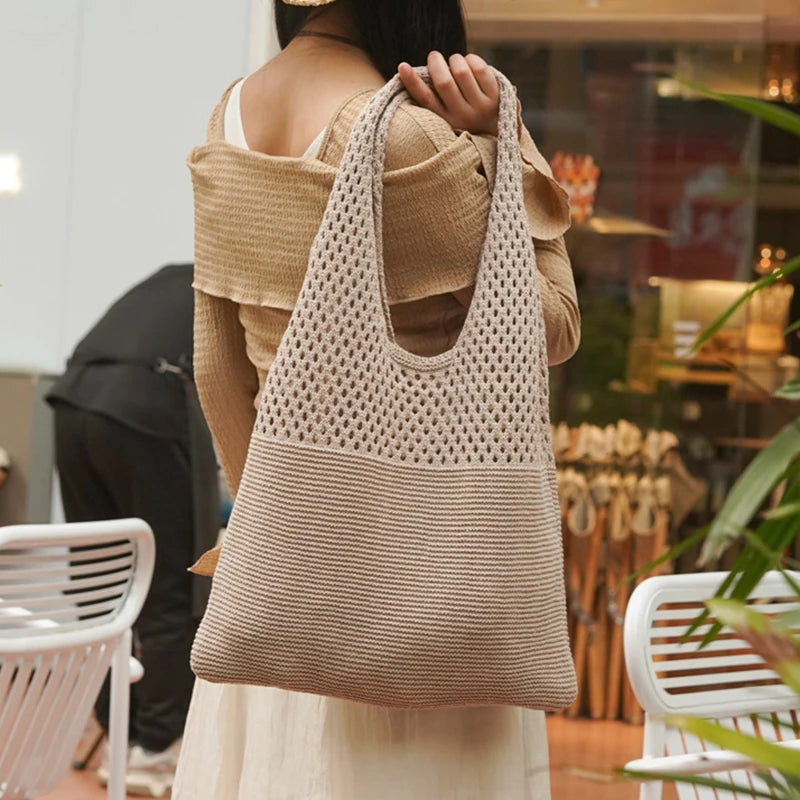 New Trend Women's Bag Crochet Handbag Retro Knitted Braid Solid Color Hollow Black Khaki Top-handle Tote Bag Shopper