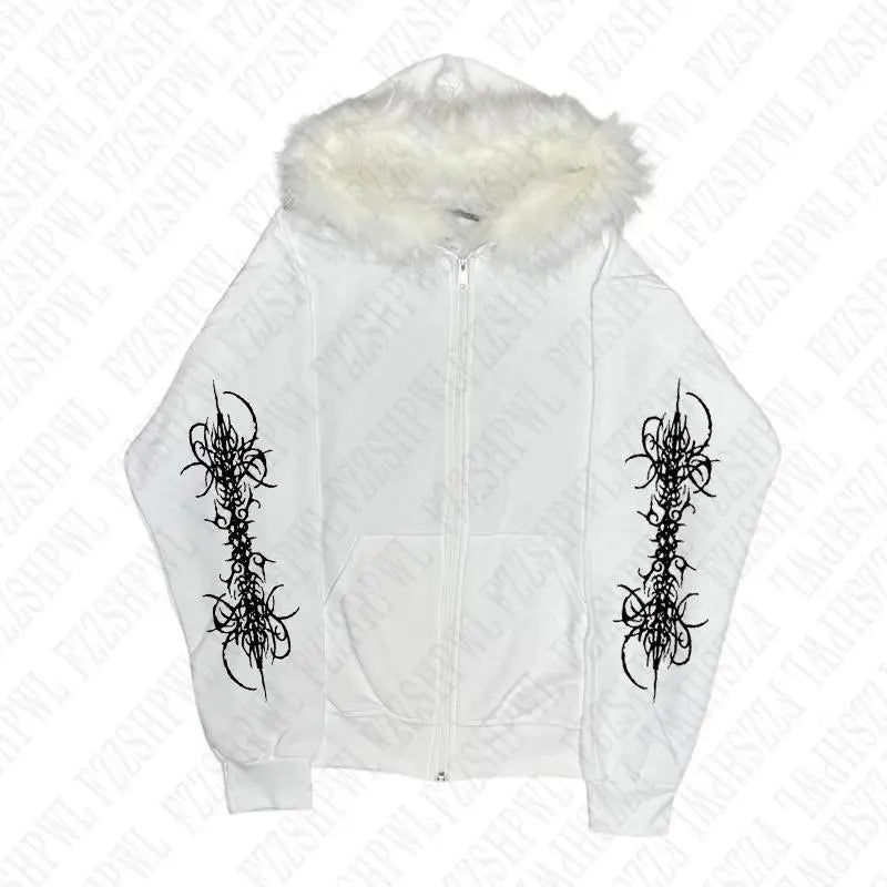 Y2K Zip up hoodie Rock Goth Harajuku Graphic Print Casual Zipper Hoodie sweatshirt Vintage Punk High street Hiphop Clothes Loose