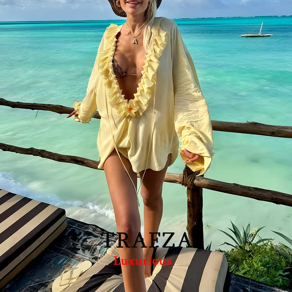 TRAFZA Vintage Chic Yellow Tie Up Women Blouse V-Neck Ruffles Long Sleeve Lace-up Bow Shirts Fashion 2025 Spring Summer Blouses