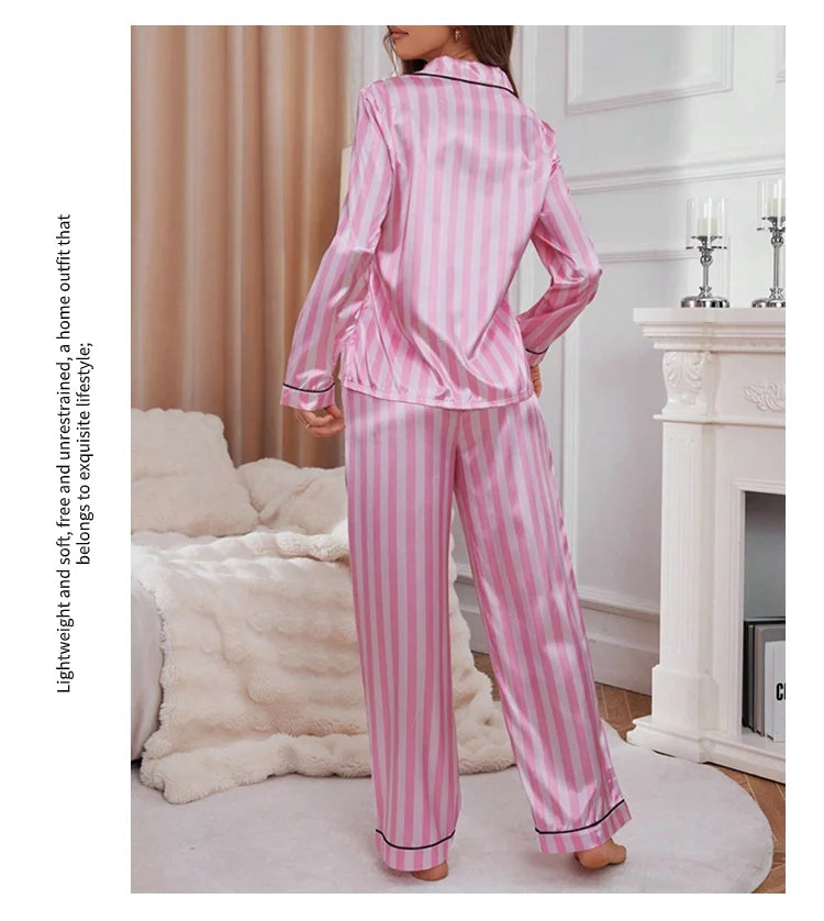 Women Stripe Print Satin Pajama Victoria Autumn Long Sleeve Buttons Lapel Tops & Pants Sleepwear Comfort Relaxed Fit Nightwear
