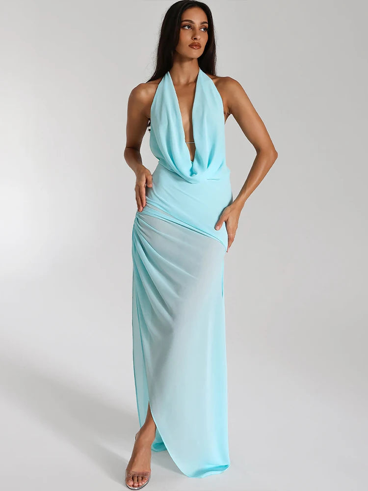 Cutenew Tassel Tied Women Mini Dress Summer Concise Halter Swinging Low Neck Backless Sheath Vestidos Mujer Pleated Chic Frock