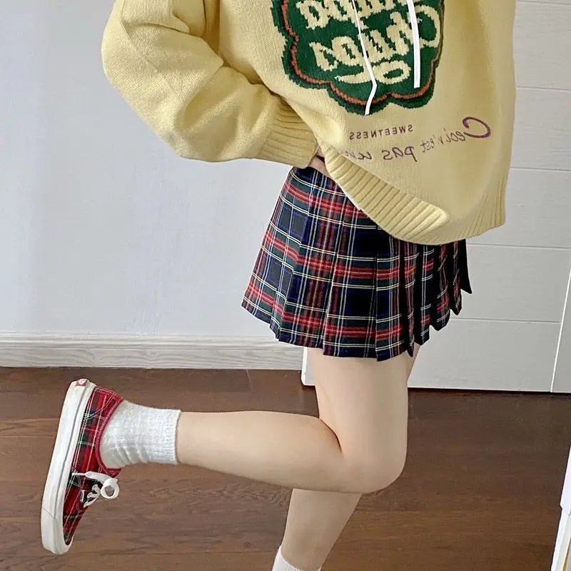 Plaid Pleated Mini Skirts for Women Casual Simple Korean Fashion Preppy Style Vintage Chic High Waist Faldas Hotsweet All-match