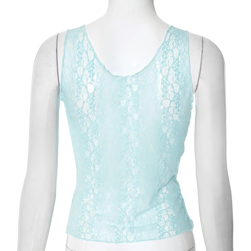 CUTENOVA Deep V-Neck Pullover Vest For Women Hollowed Out Lace Waist Waistless Top T-Shirt Spring And Summer New 2025 Streetwear