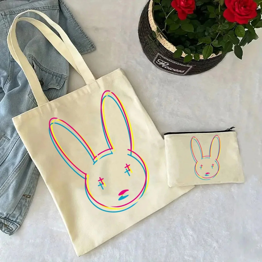 Un Verano Sin Ti Gift Bag Set, Bad Bunny Print Tote Bag, Casual Canvas Shoulder Bag with Mini Storage Bag