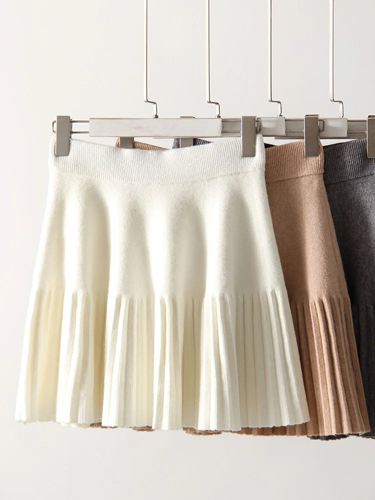 Knitted Pleated School Skirt Women Spring Winter Sexy A-line Women's Skirt Solid Casual High Waist Short Skirts For Woman Black