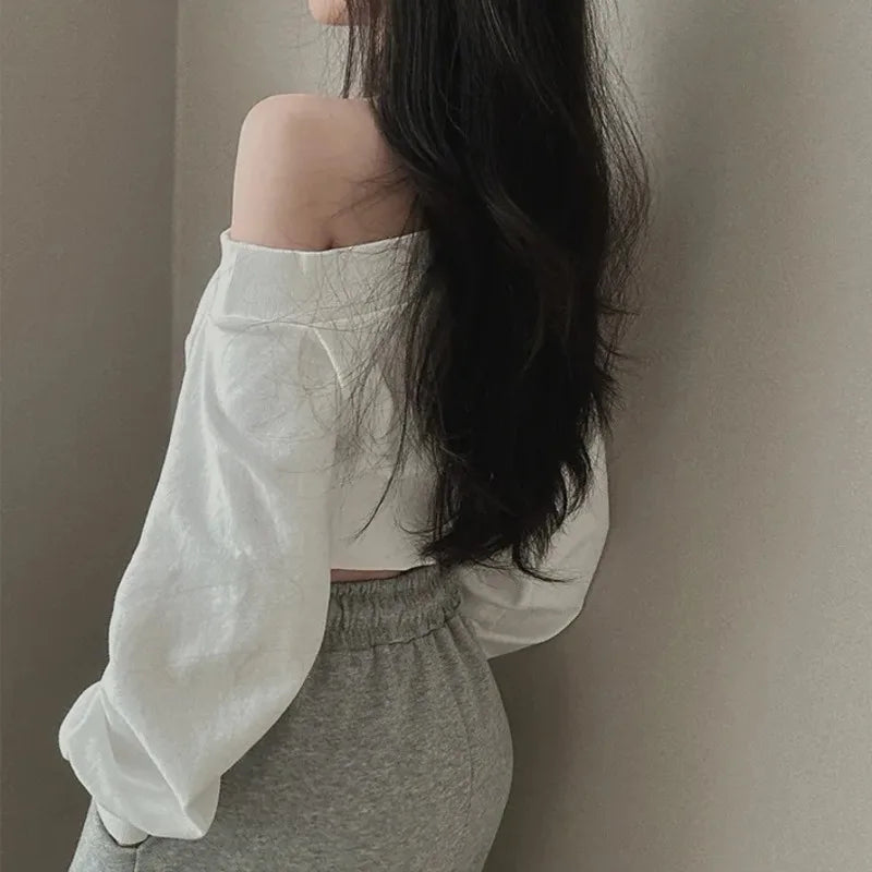 2025 Spring New Irregular Skew Collar Hoodies Women Sexy Fashion Sweatshirts Long Puff Sleeve Short Solid Slim Pullover Tops