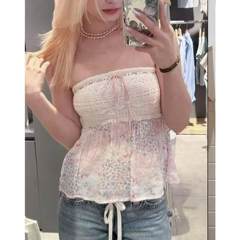 Summer New Sexy Spice French Elegant Ladies Top Lace Patchwork Halter Vest Floral Skirt Design Hollowed-Out Strapless Tops