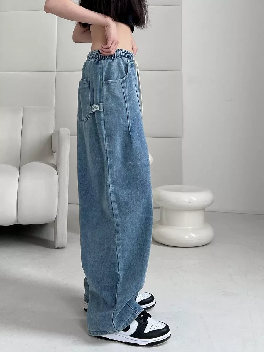2025 Summer Women's Casual Harajuku Jeans Vintage Loose Elastic Waist Washed Pants Y2K Wide Leg Punk Baggy Denim Trouser