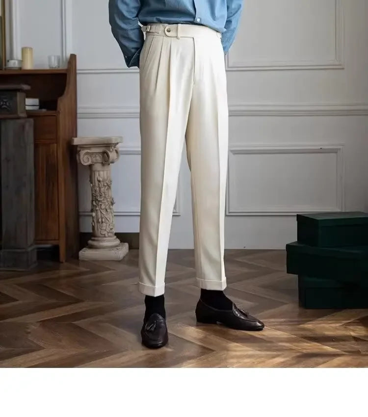 High-waisted Casual Straight-leg Suit Pants For Men Autumn Vintage Draped Waist Trousers Naples Retro Style Business Formal Wear