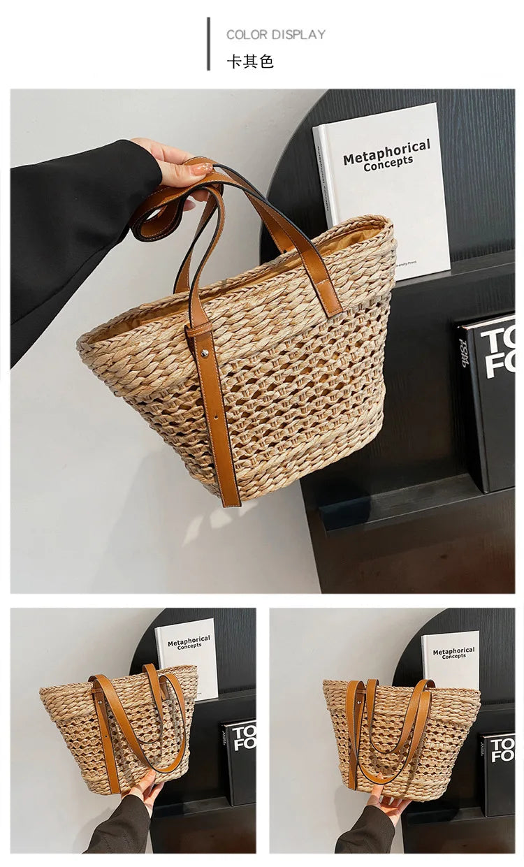 Summer Handwoven Straw Beach Women Tote Bags 2025 Vintage Hollow Out Basket Rattan Handbag Vacation Shoulder Bag New Beach Bag