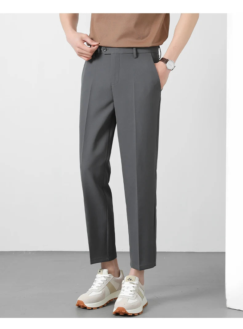 Spring Summer Suit Pants Men Business Smooth Slim Business Office Social Elastic Waist Ankle Length Formal Korean Trousers Male
