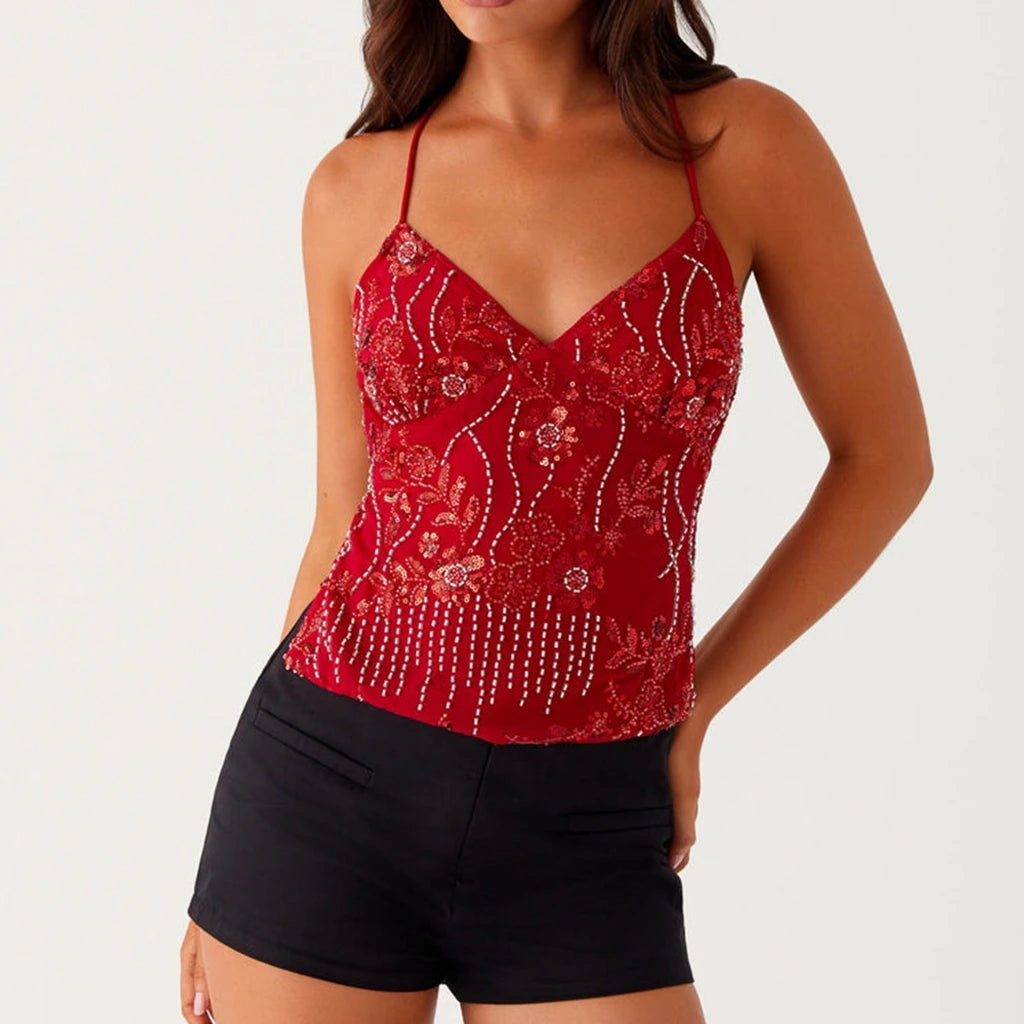 Combhasaki Women Summer Sleeveless Beading Camis Top V-neck Tie-up Cross Backless Pearl Glitter Sequin Flower Embroideried Vest