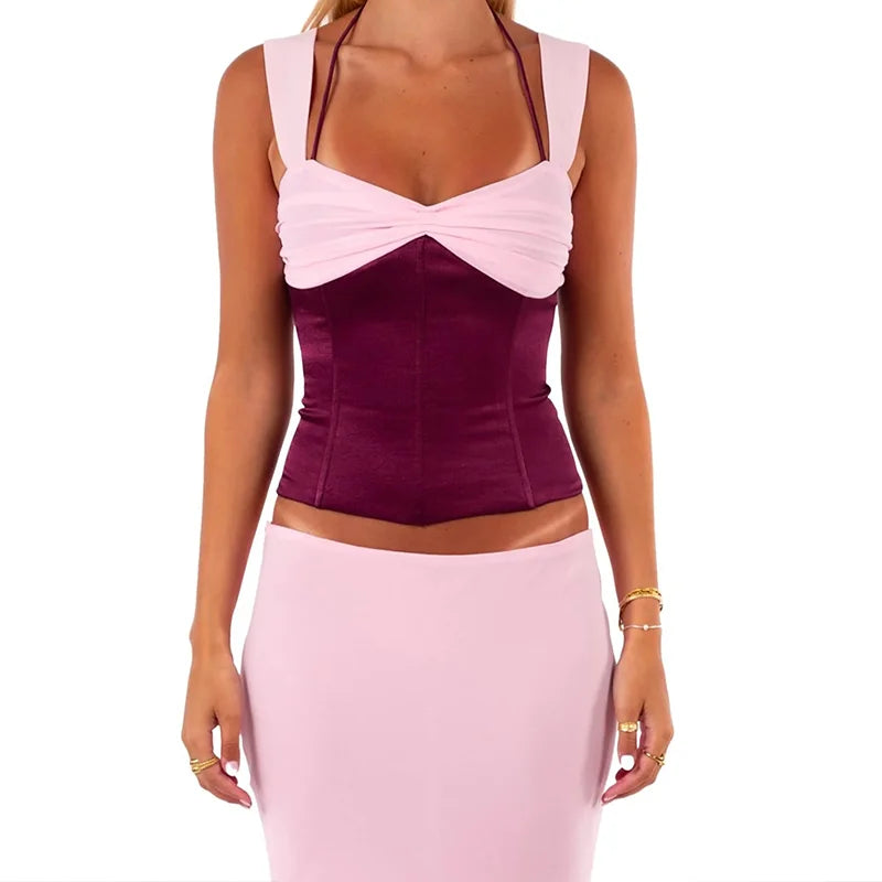 WhereMery Temperament Women's Two Piece Set Off Shoulder Sleeveless Patchwork Crop Tops With Sexy Slim Low-Waist Straight Skirts
