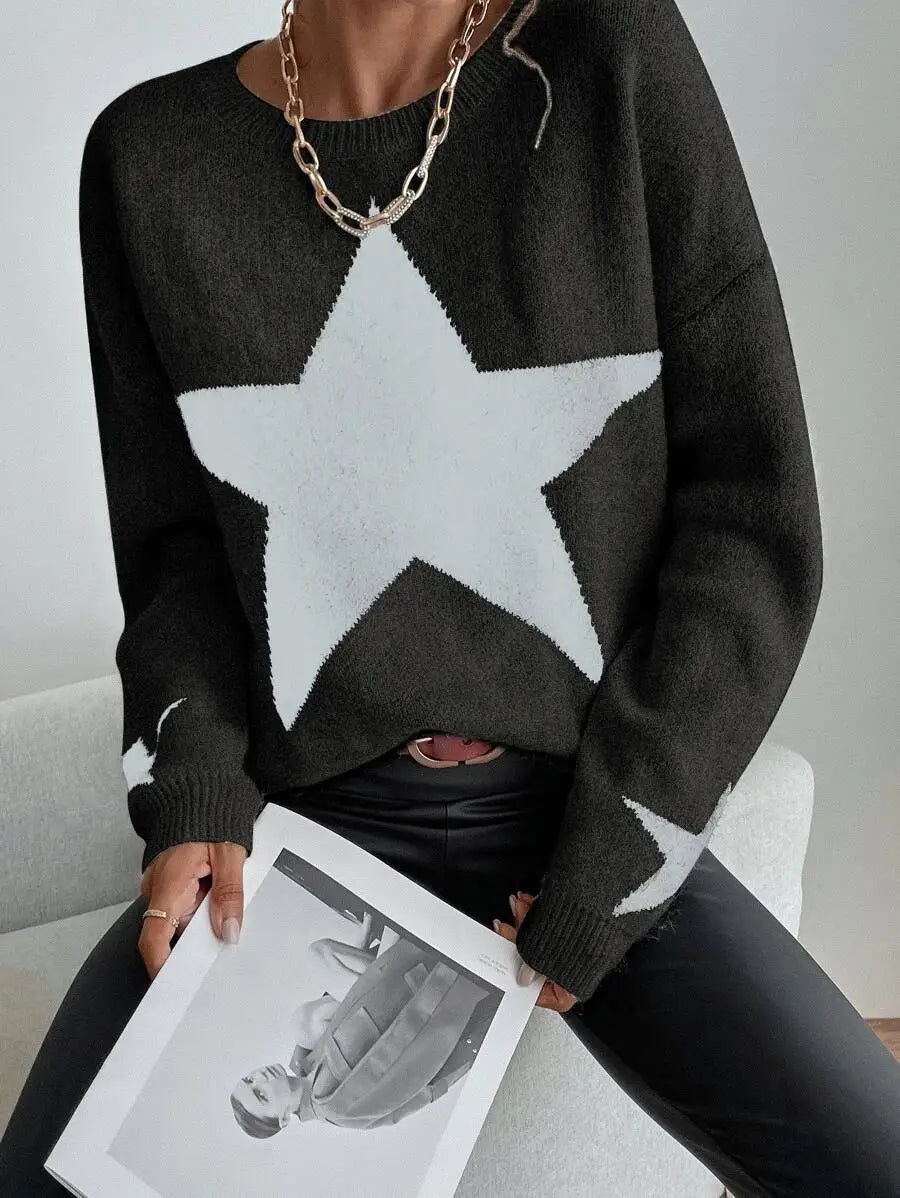 Star Sweater Pullover Women Autumn Spring Simple Knit Elastic Pullovers Jumper Casual Thick Warm Black White Basic Jumpers