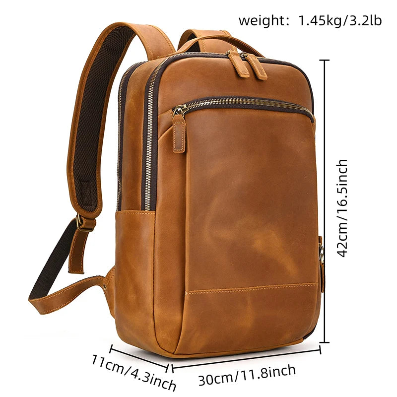 Vintage Travel Backpack leather double zipper bagpack male crazy horse leather backpack handmade leather travel bag men bag