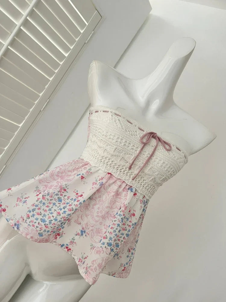 Summer New Sexy Spice French Elegant Ladies Top Lace Patchwork Halter Vest Floral Skirt Design Hollowed-Out Strapless Tops