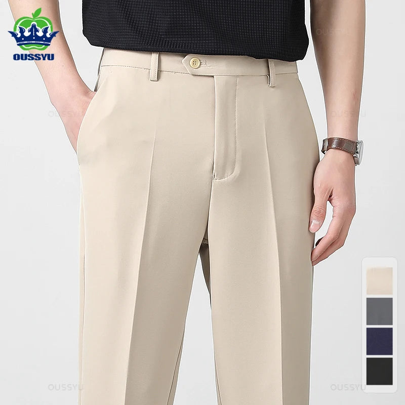 Spring Summer Suit Pants Men Business Smooth Slim Business Office Social Elastic Waist Ankle Length Formal Korean Trousers Male