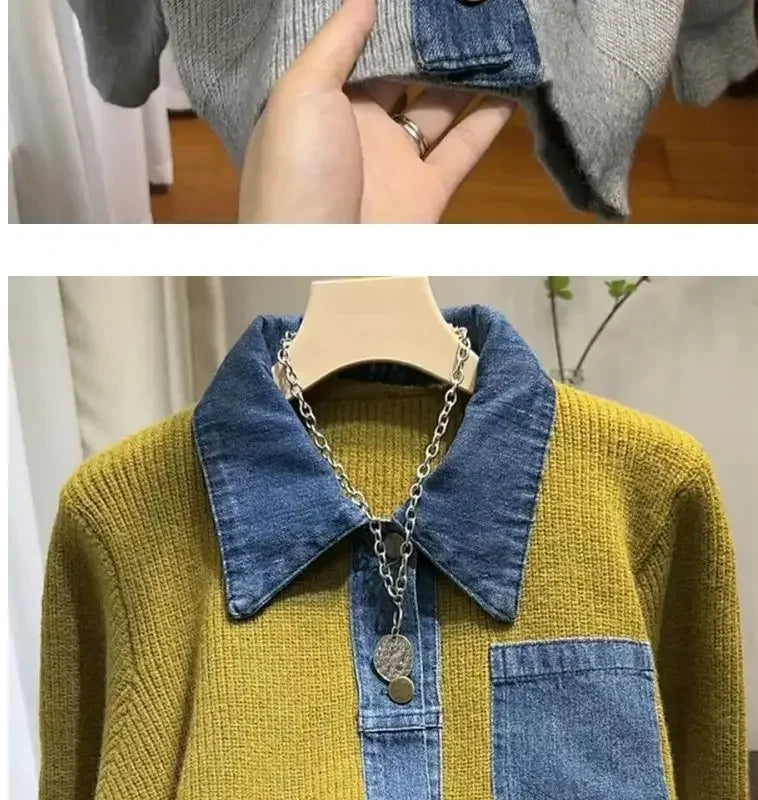 Women's Trendy Vintage Denim Patchwork Single Breasted Knitted Cardigan Autumn Casual Long Sleeve Loose Chic Pocket Sweater Coat