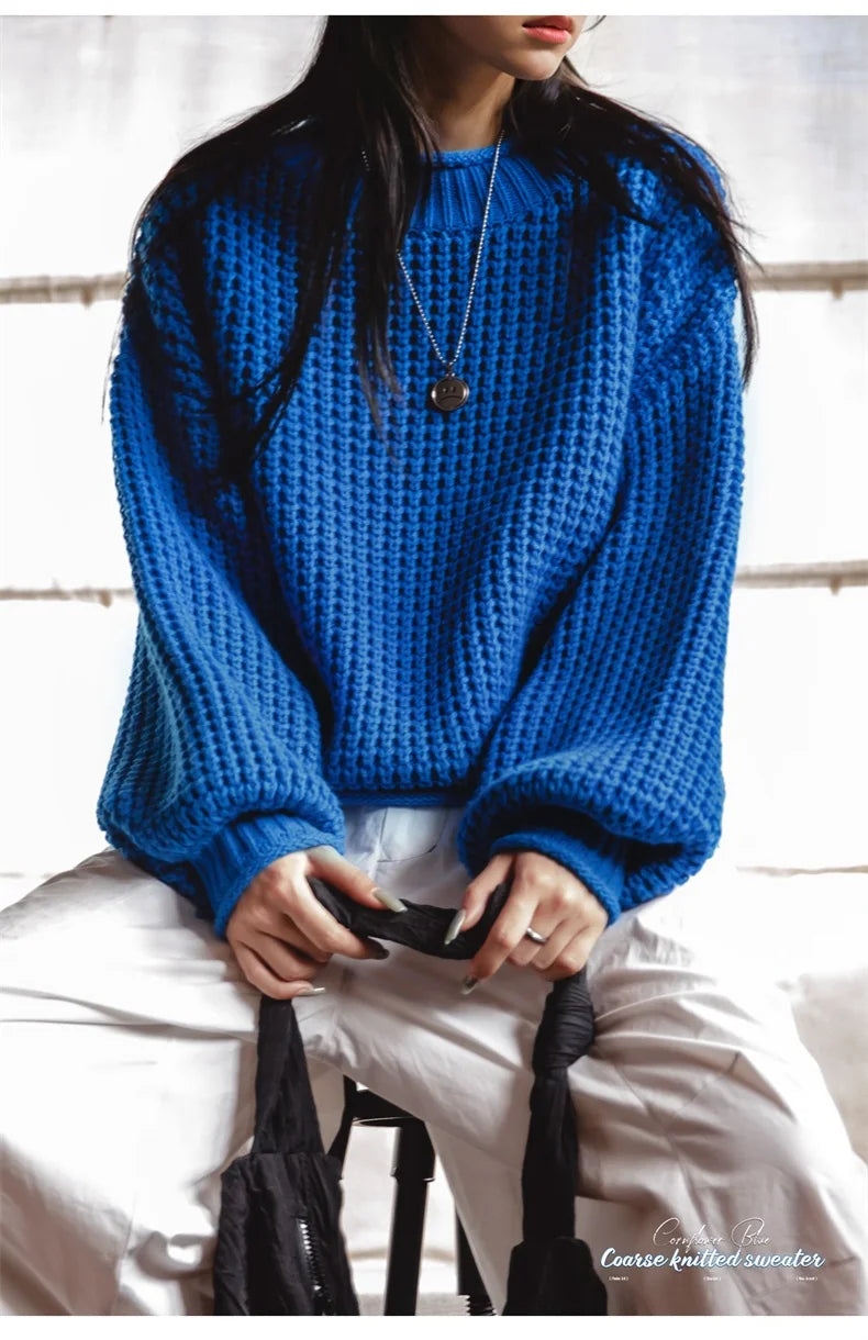 MADEN Women Cornflower Blue Knitted Sweater 2024 New Autumn Winter Long Sleeve Curled Collar Knitwear Warm Pullover Sweater