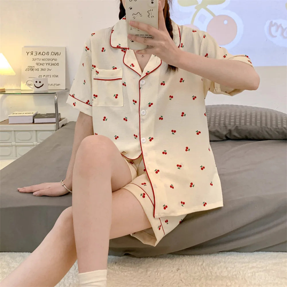 Women's Pajamas Sets Spring Summer 2 Piece Print Pyjama Buttons Down Sleepwear Pocket Short Sleeve Pijama Mujer Pjs Homewear
