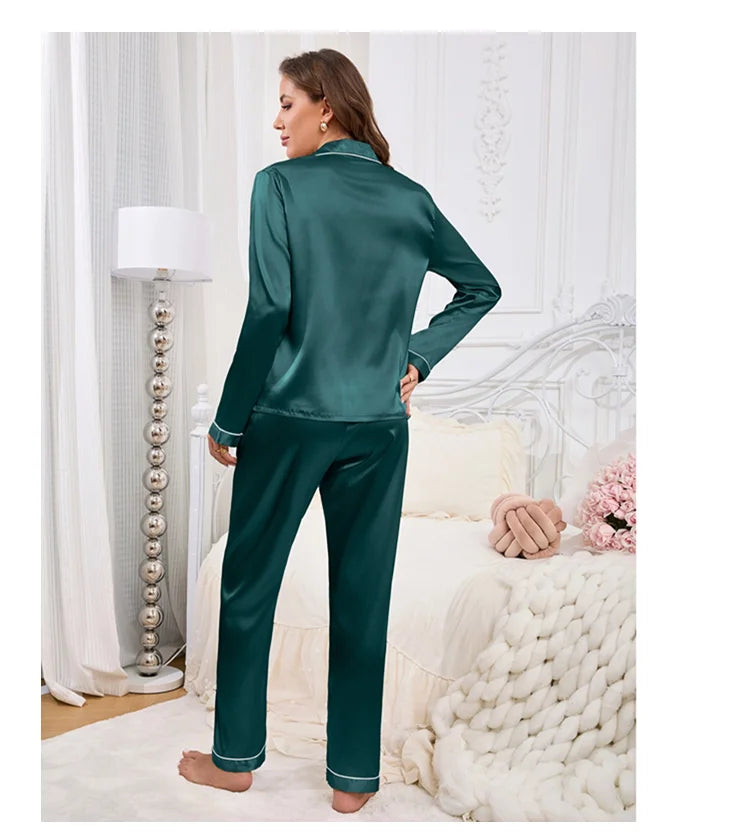 Women's Home Clothes Satin Pajama Autumn Long Sleeve Pocket Heart-shaped Embroidery Tops & Pants Pyjama Femme Loungewear Pj Set
