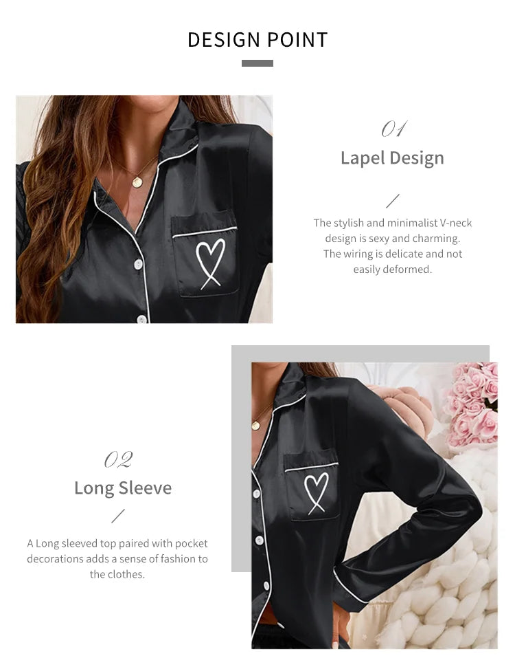 Women's Home Clothes Satin Pajama Autumn Long Sleeve Pocket Heart-shaped Embroidery Tops & Pants Pyjama Femme Loungewear Pj Set