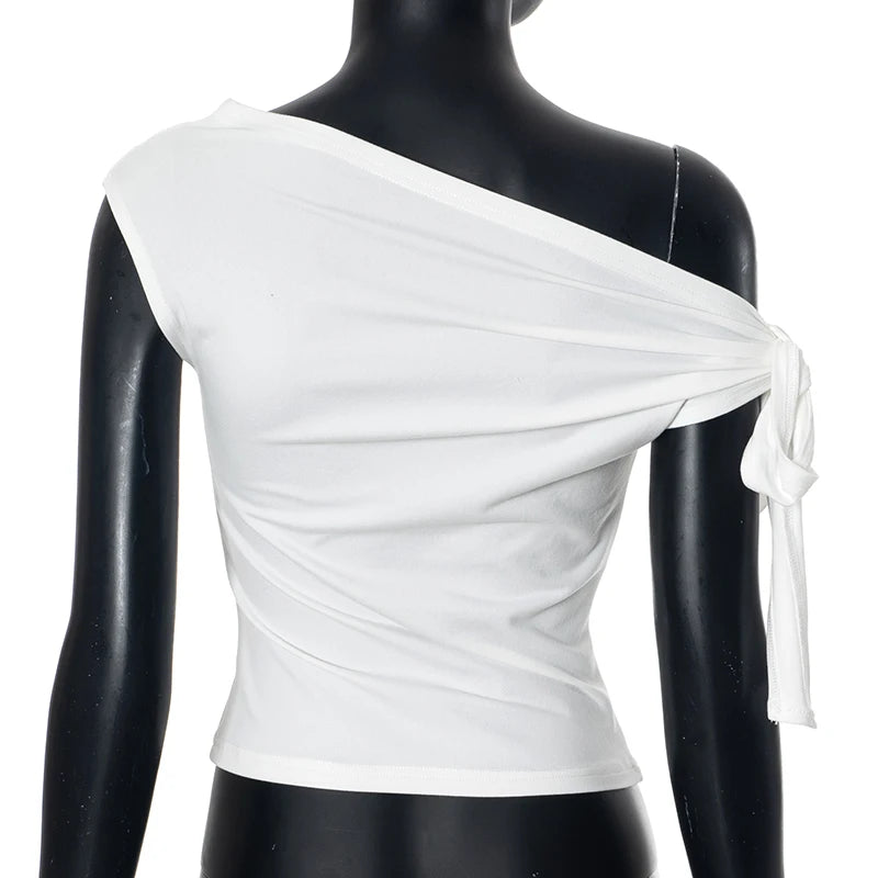 CUTENOVA 2024 Women'S Summer Ins Style New Shrink Pleated One-Shoulder Crop Top Backless Twist Tie Asymmetric T-Shirt Casual Top