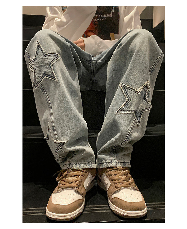 Star Embroidery Straight Casual Men Jeans Gothic Neutral New Wide Leg Loose Hip-hop Fashion Youth Streetwear Denim Trousers Y2K