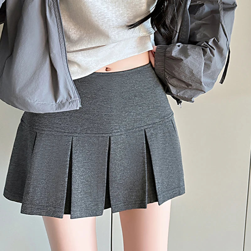 Korean Pleated Mini Skirt Women Summer 2025 New High Waist Wide Pleat Light Grey Sexy Vintage A-Line Pleated Skirt Casual Skort