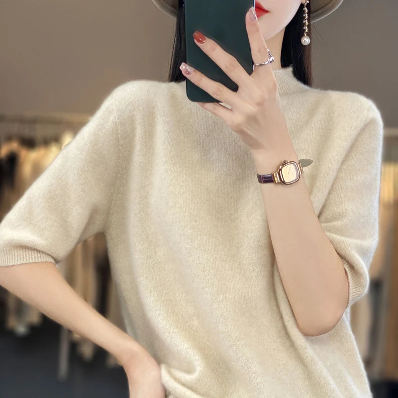 100% pure wool short sleeve summer new women's semi-high neck pullover blouse loose knit vest fashion T-shirt