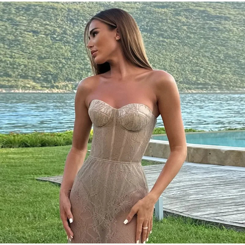 Sexy Fishbone Jumpsuit Lace Skirt Set Women Slim Sleeveless Top Fishtail See Through Long Skirts 2025 Summer Beach Lady Outfits