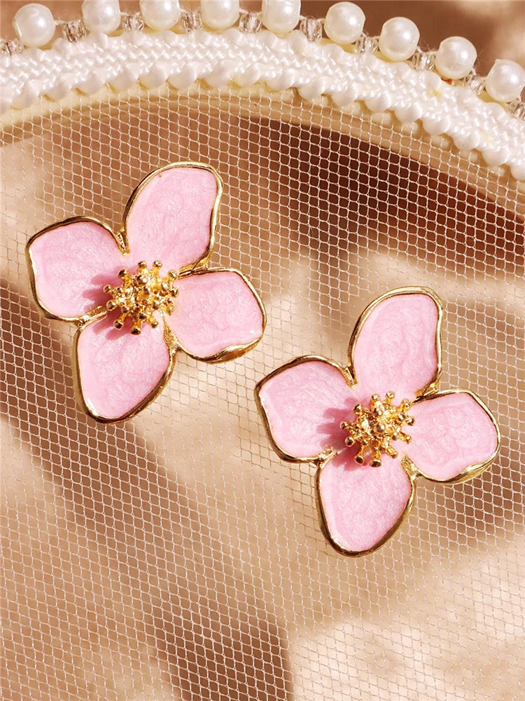 Hibiscus Dropped Glaze Flower Stud Earrings for Women Girl French Ins Vintage 2023 Fashion Korean Wedding Romantic Jewelry Gifts