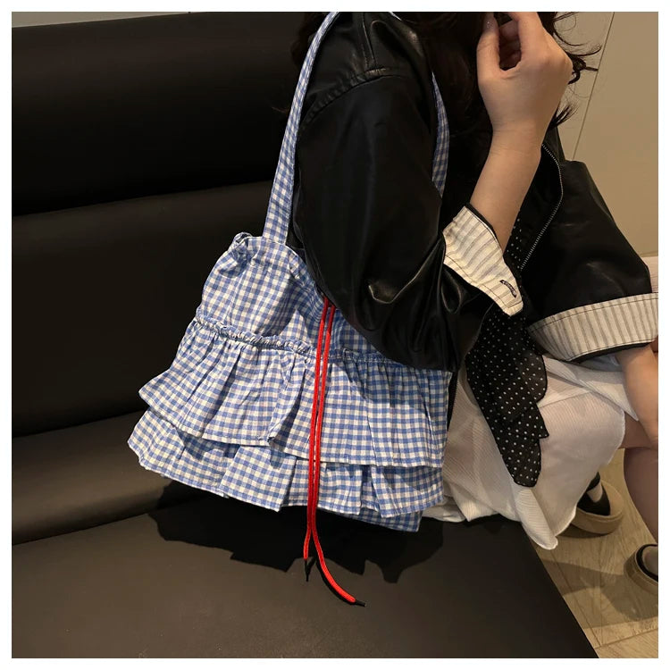 Korean Sle Large Capaci Canvas Tote Bag Blue Plaid Single oulder Skirt Pleated Gown Bag Faionable Casual Handbag