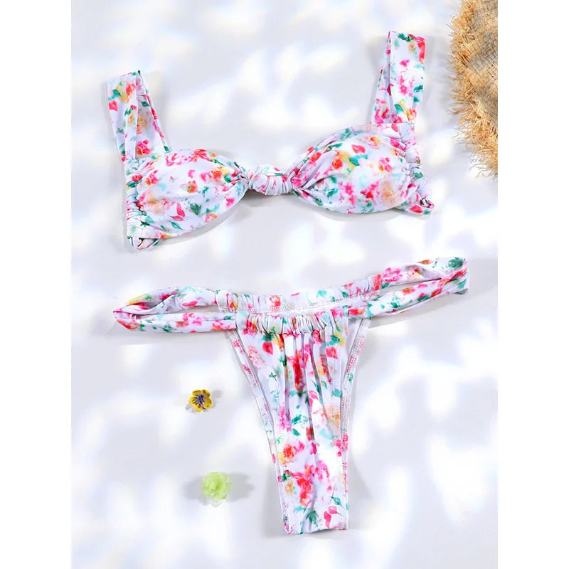 Plaid Print Bikinis Bow Swimwear Women Swimsuit Triangle Bikini Set Bandage Bath Suit Low Waist Thong Beachwear New Biquini