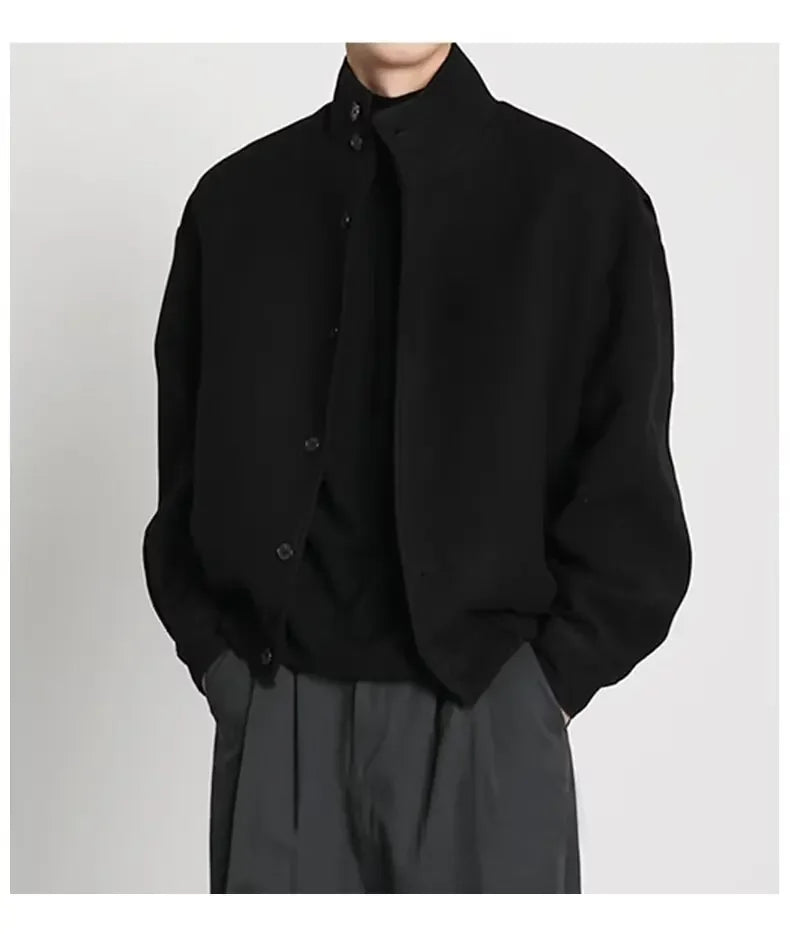Autumn Winter Men's Fashion Stand Collar Jacket Woolen Coat British Style Baseball Design Workwear Thin Model Summer Suitable