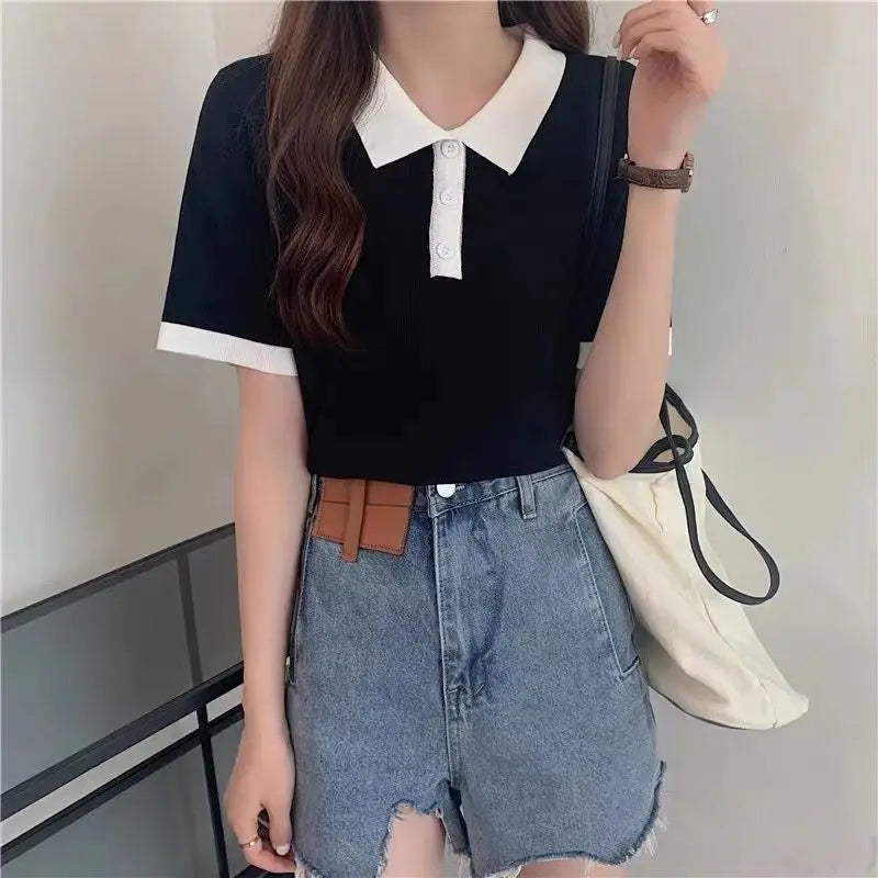College Style Summer New Knitted Short-sleeved Ice Silk T-shirt Women's Polo Shirt Design Niche Short Underwear Top