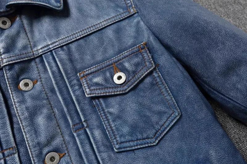 New Navy Blue Top Layer Cowhide Genuine Leather Jacket Men's Short Slim Fit Retro Motorcycle Lapel Casual Jacket Trendy