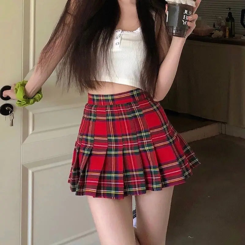 Plaid Pleated Mini Skirts for Women Casual Simple Korean Fashion Preppy Style Vintage Chic High Waist Faldas Hotsweet All-match