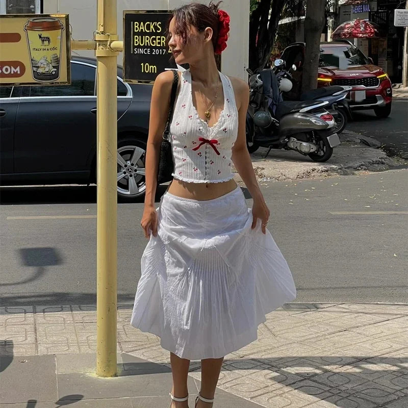 WhereMery Korean Fashion Print Halter Camis Tank Tops Summer Knitted Slim Fit Tank Top High Street Commuter Casual Women's Wear