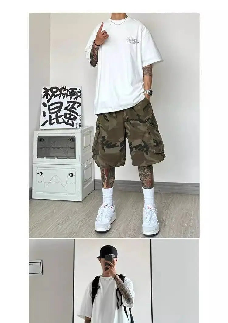 New summer men's shorts retro loose large pockets camouflage work shorts Bermuda hip-hop street casual shorts Men's clothing