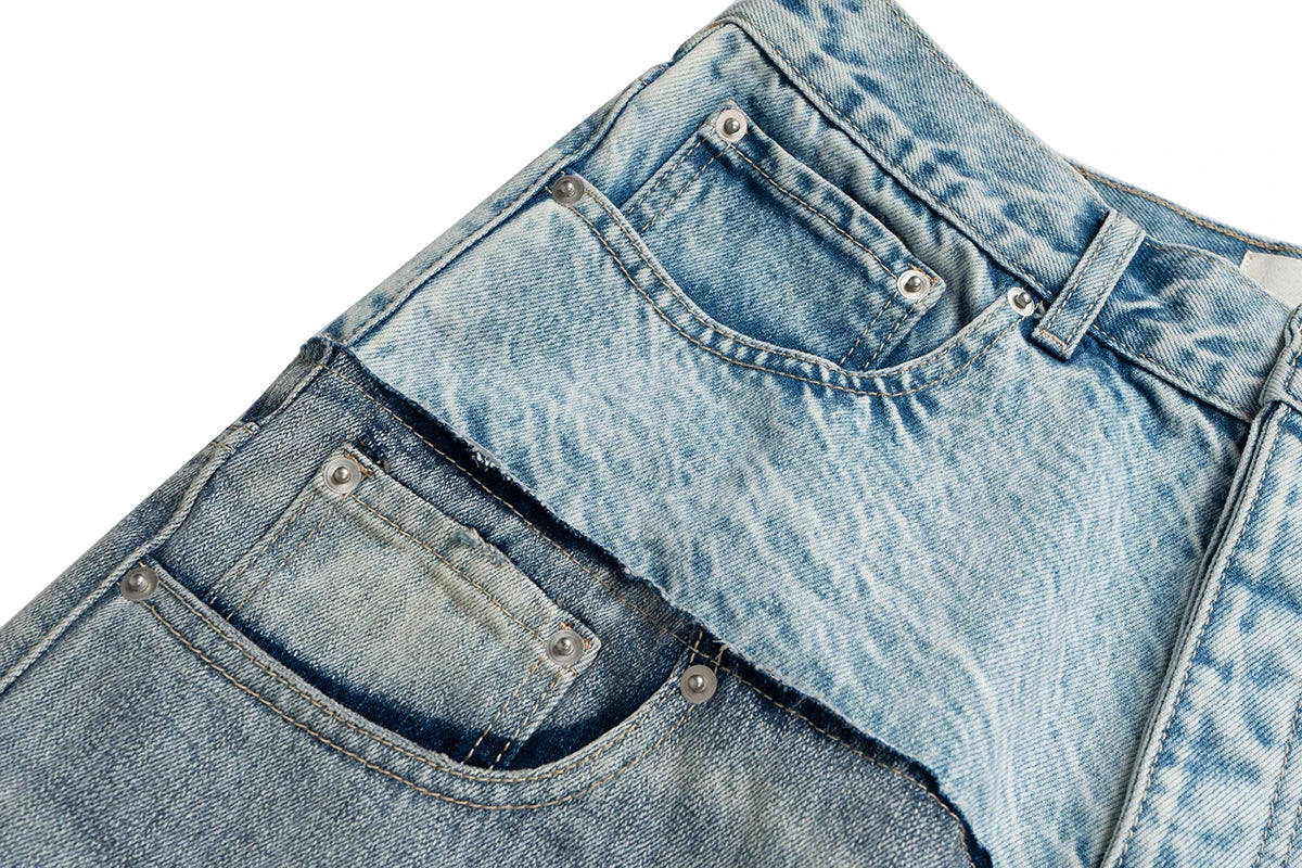 CUT-UP Double-layer Double Waist Patchwork Baggy Jeans for Men and Women Straight Casual Loose Denim Trousers Oversized