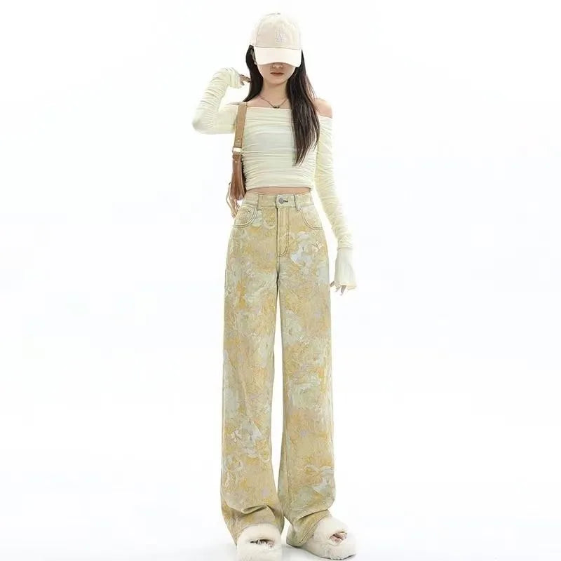 New High Waist 2025 American Retro Plant Flower Print Ladies Commuter Wide-leg Jeans Youthful and Beautiful Out of The Street