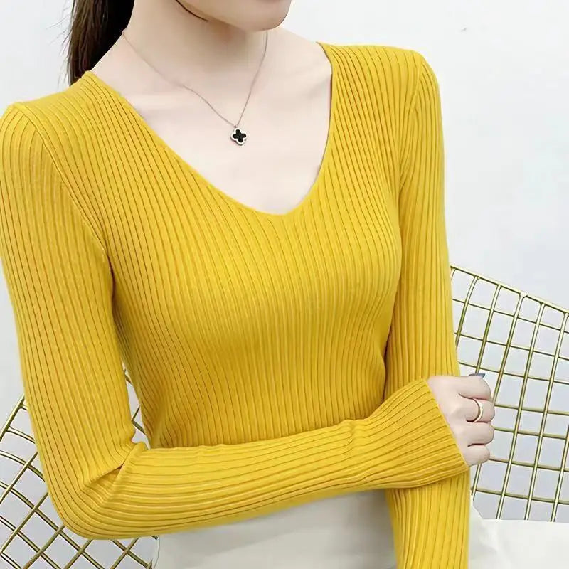 2025 V Neck Women Autumn Winter Sweaters Slim Knitted Pullovers Soft Warm Solid Jumper Female Sweater Casual Knitwear Jersey Top